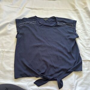 Navy Blouse with Lace Detail and Tie Front